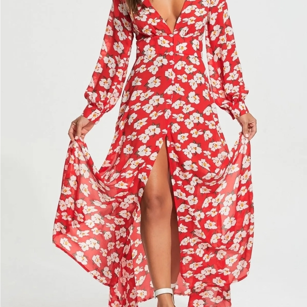 Rosegal Red Floral Long Sleeve Dress - Picture 1 of 3